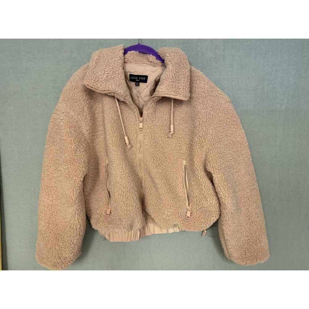 LOVE TREE Women's Pink Fleece Teddy Sherpa Crop Jacket Quilted Lined Size Small